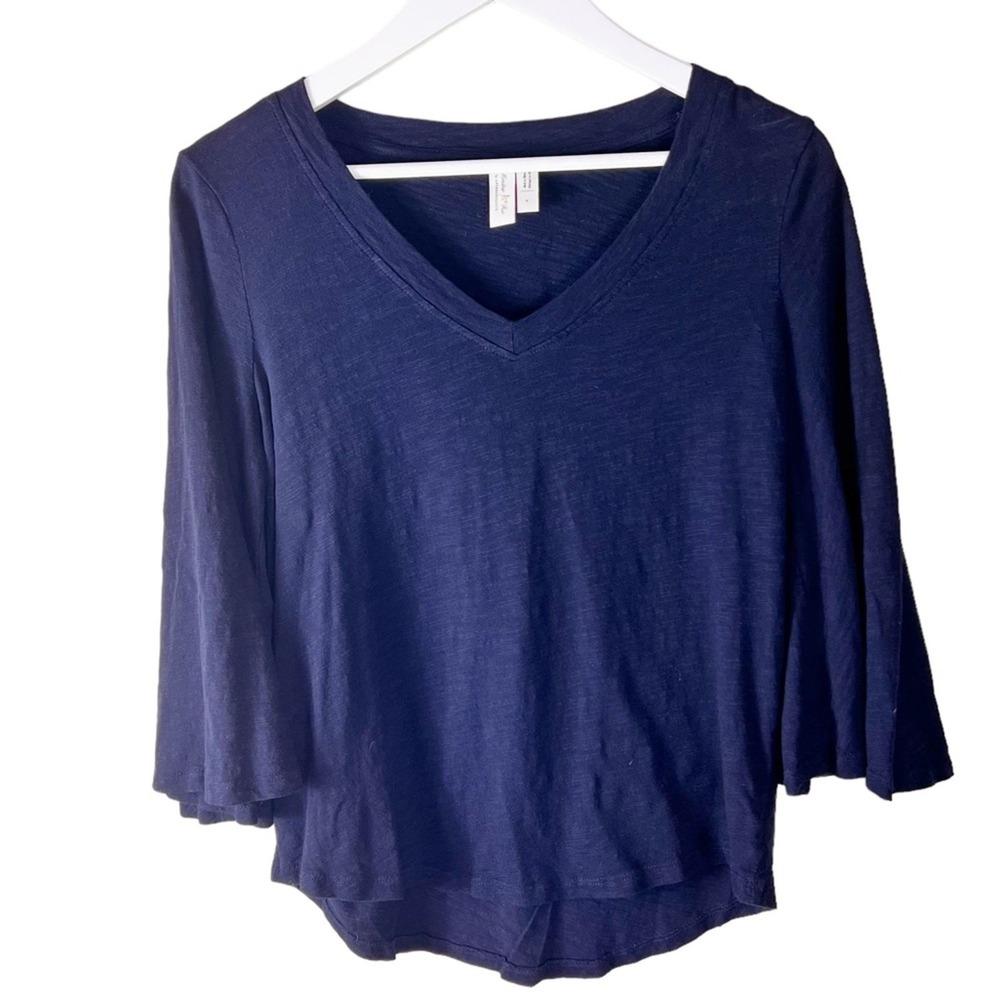 Meadow Rue Anthropologie Navy Blue Cotton V-Neck Bell Sleeve Slub Knit Top Small